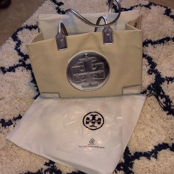 tory burch ella metallic canvas tote